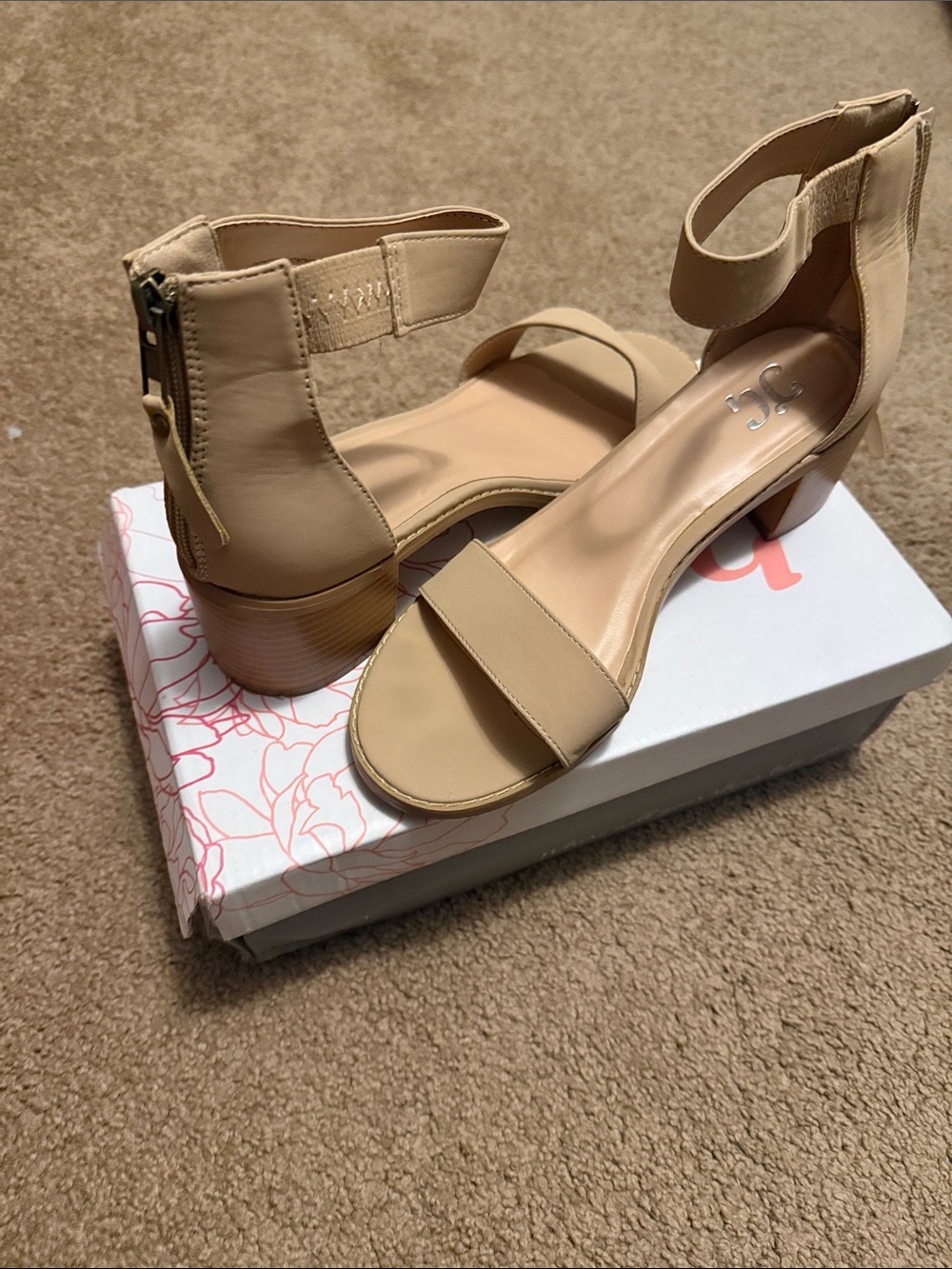 Journee Collection Beige Ankle-Strap Low Block Heel Sandals